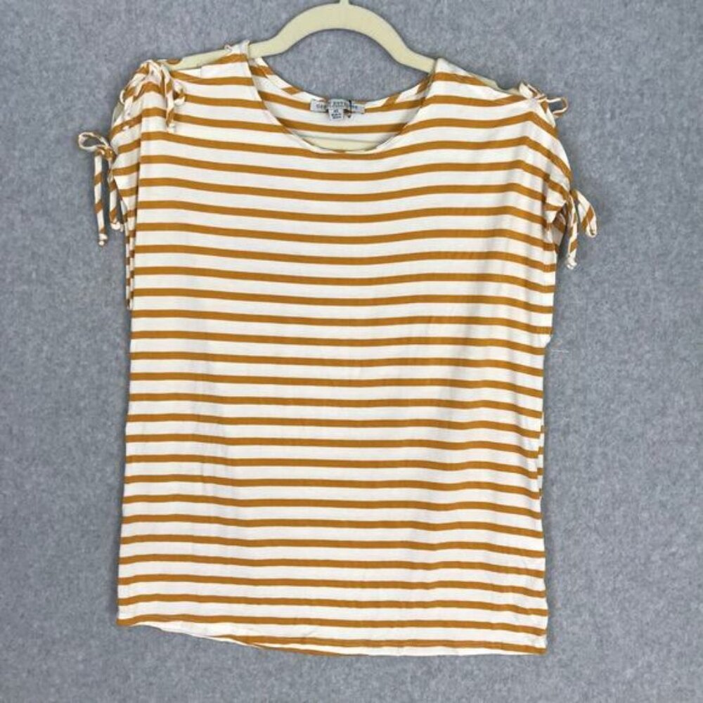 Green Envelope Shirt XS Mustard White Striped Cold Shoulder Tie Soft Everyday